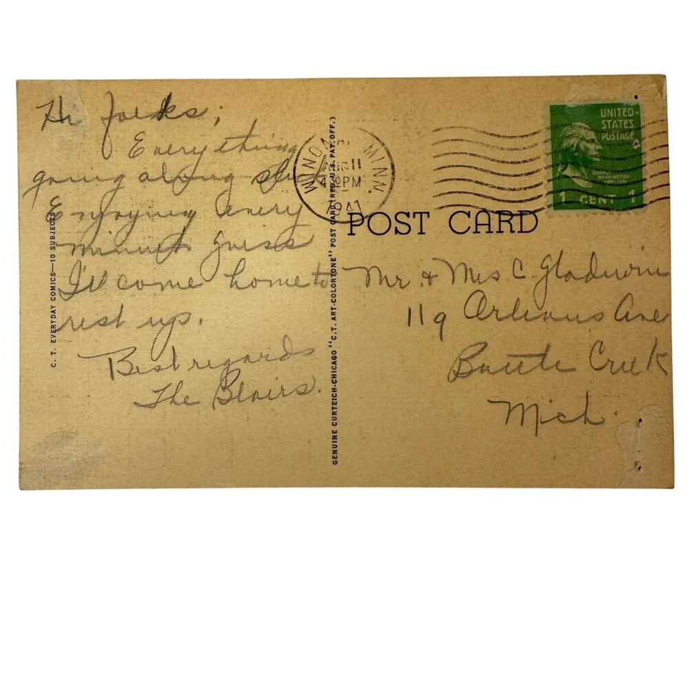 VTG 1940s Curteich Linen Postcard Gee I’m Thinking Of You Woman In Bed Postmark